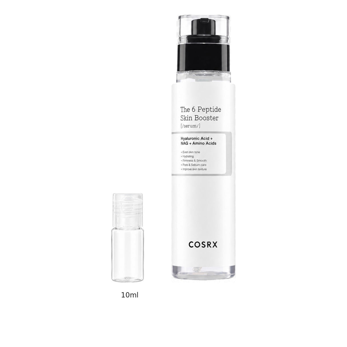 10ml sample bottle next to the full-size COSRX 6X Peptide Collagen Booster Toner Serum 150ml bottle