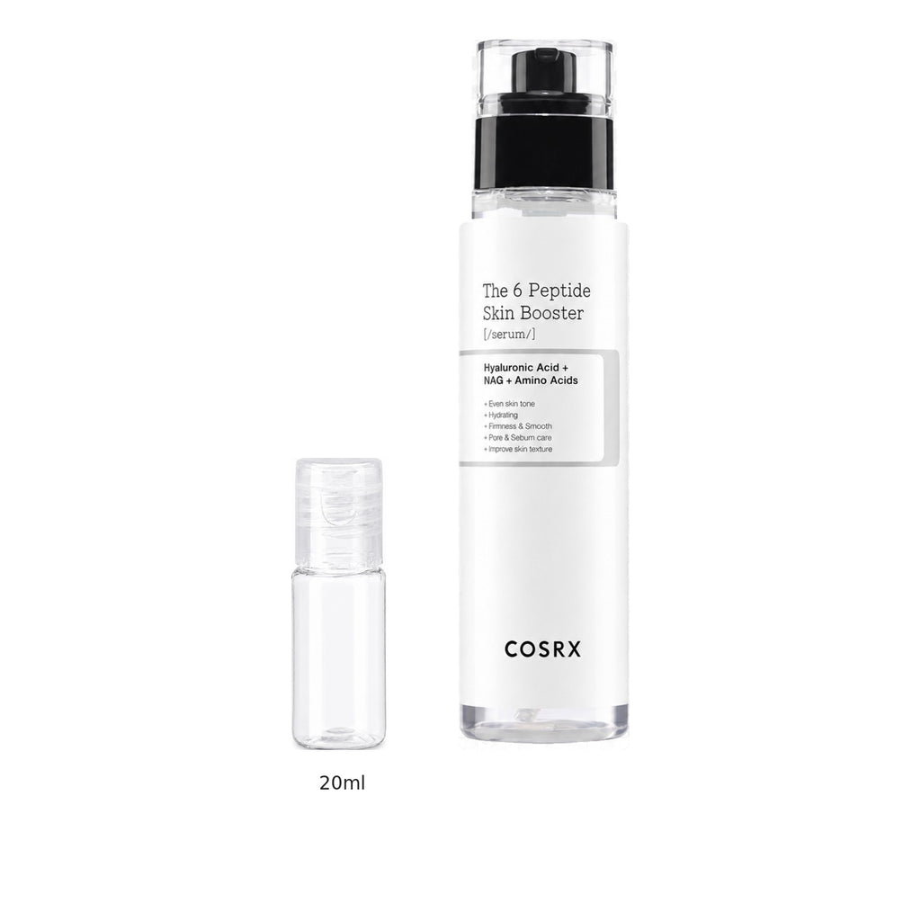 20ml sample bottle next to the full-size COSRX 6X Peptide Collagen Booster Toner Serum 150ml bottle