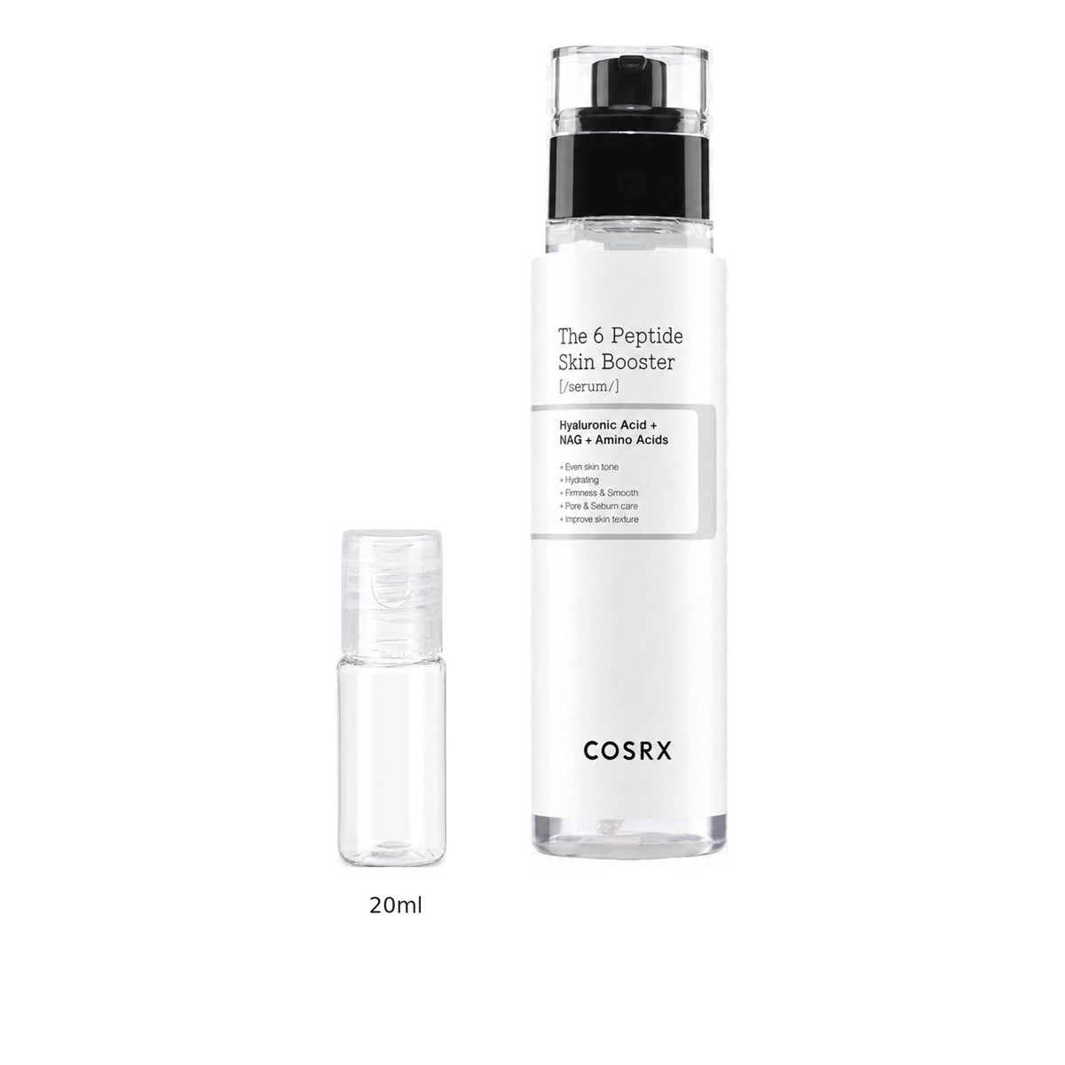 20ml sample bottle next to the full-size COSRX 6X Peptide Collagen Booster Toner Serum 150ml bottle