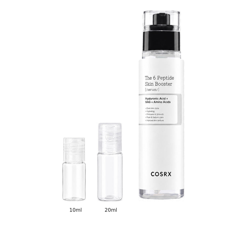 10ml and 20ml sample bottles next to the full-size COSRX 6X Peptide Collagen Booster Toner Serum 150ml bottle
