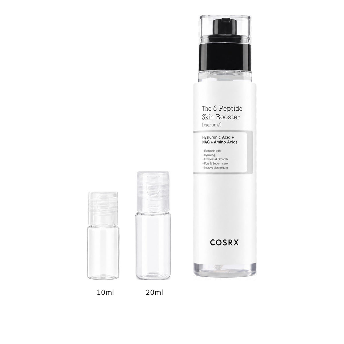 10ml and 20ml sample bottles next to the full-size COSRX 6X Peptide Collagen Booster Toner Serum 150ml bottle