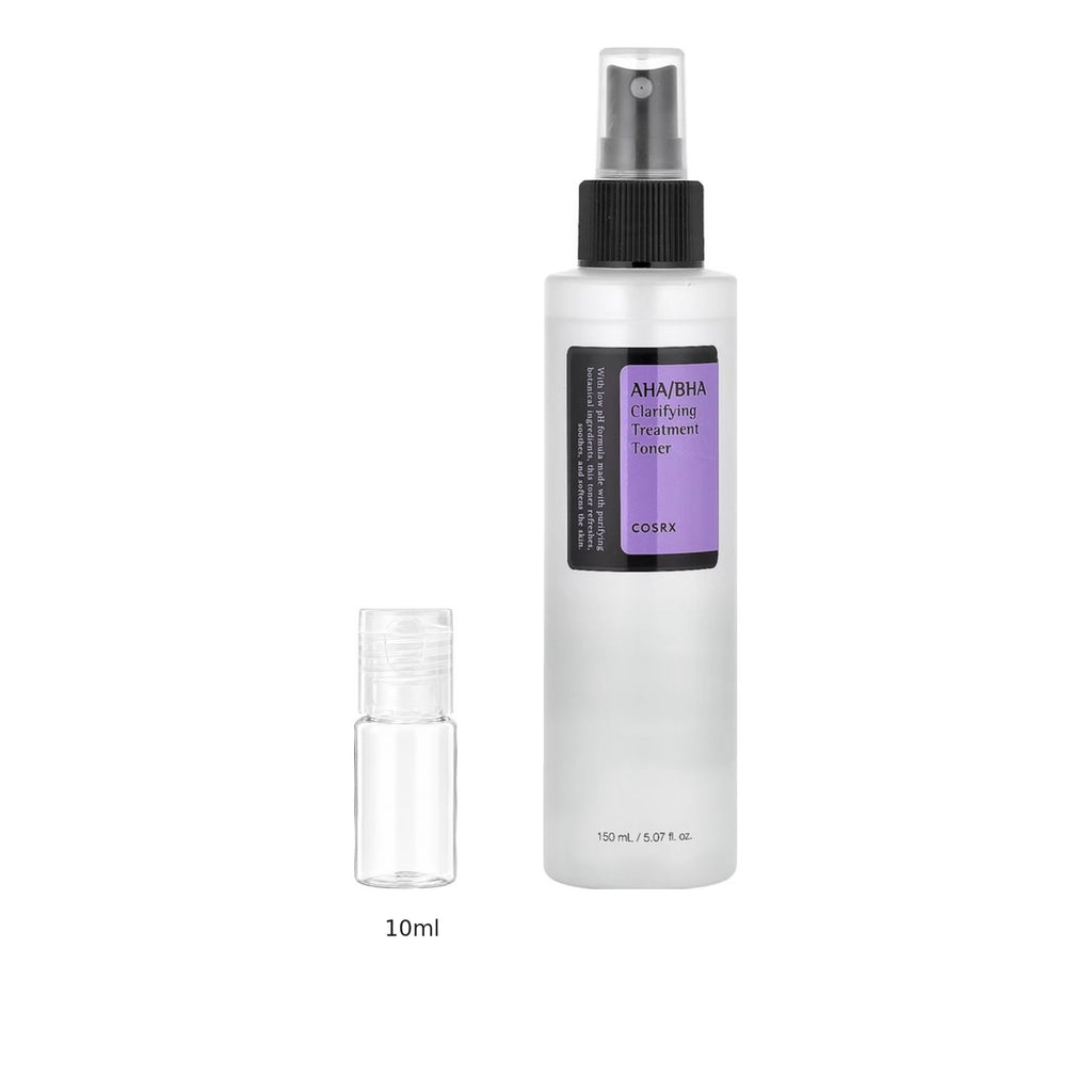 10ml sample bottle next to the full-size COSRX AHA/BHA Clarifying Treatment Toner 150ml bottle