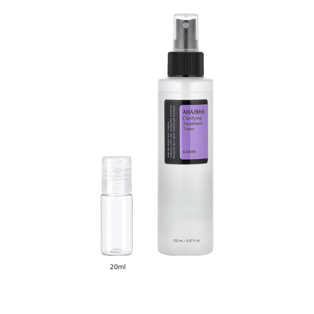20ml sample bottle next to the full-size COSRX AHA/BHA Clarifying Treatment Toner 150ml bottle