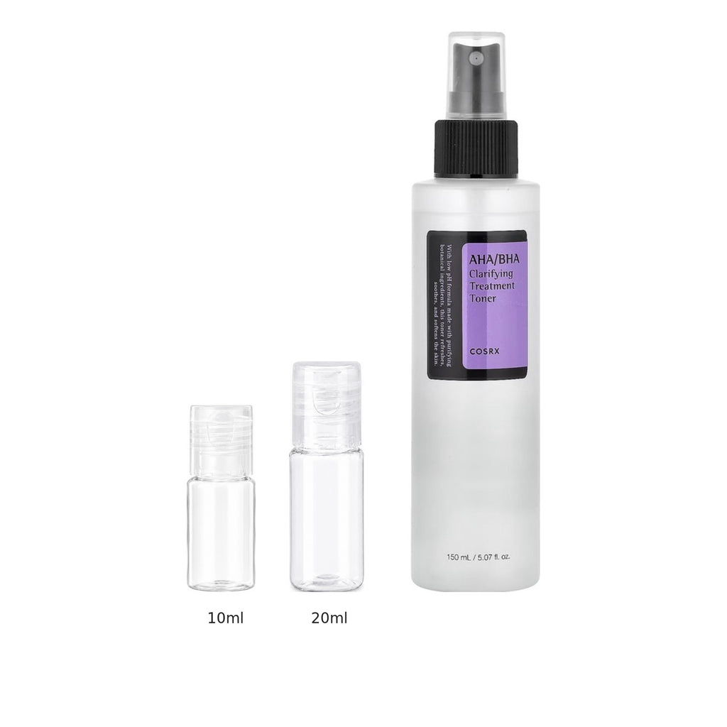 10ml and 20ml sample bottles next to the full-size COSRX AHA/BHA Clarifying Treatment Toner 150ml bottle