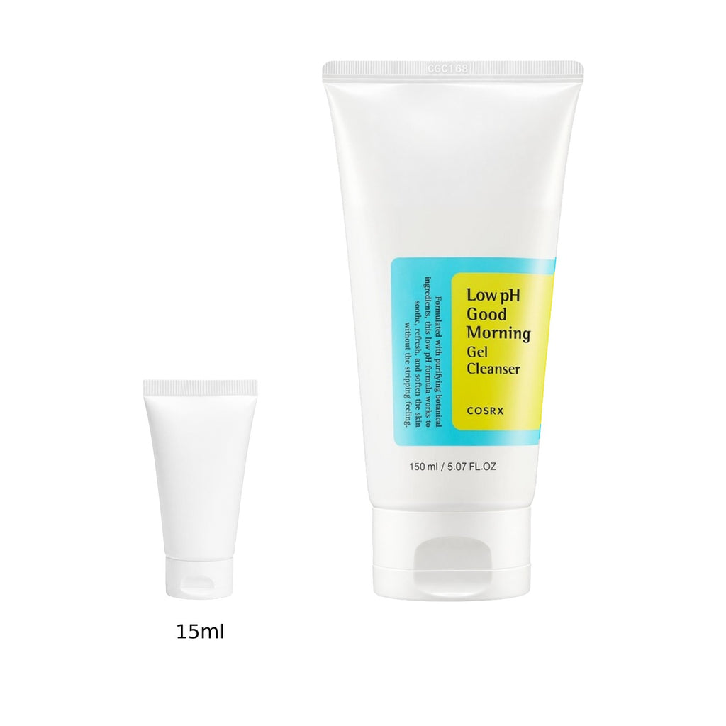 15ml sample tube next to the full-size COSRX Low pH Good Morning Gel Cleanser 150ml tube