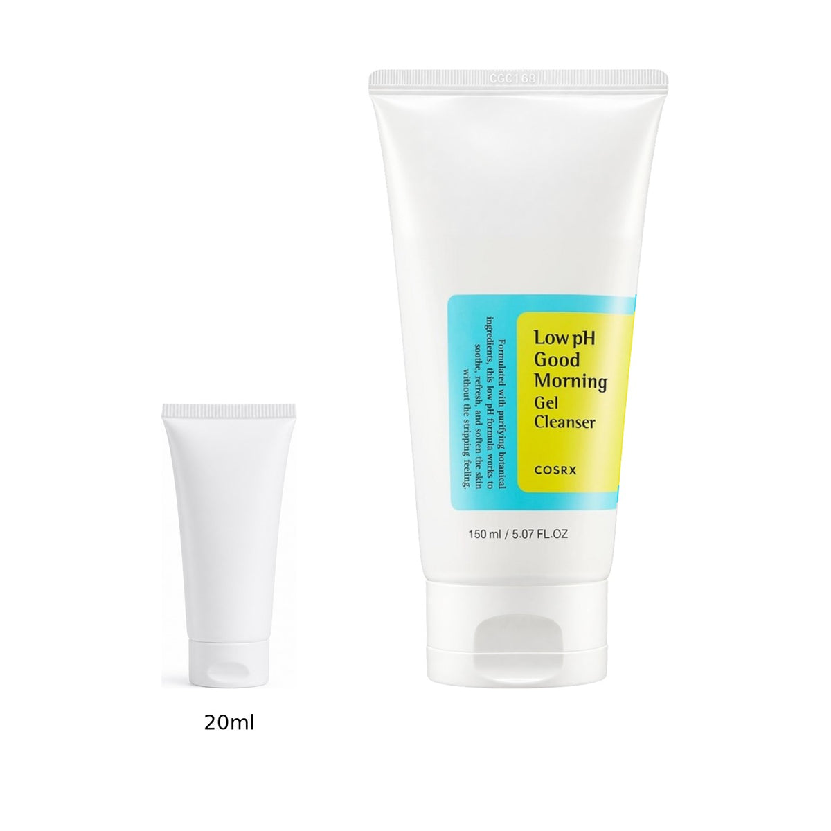 20ml sample tube next to the full-size COSRX Low pH Good Morning Gel Cleanser 150ml tube