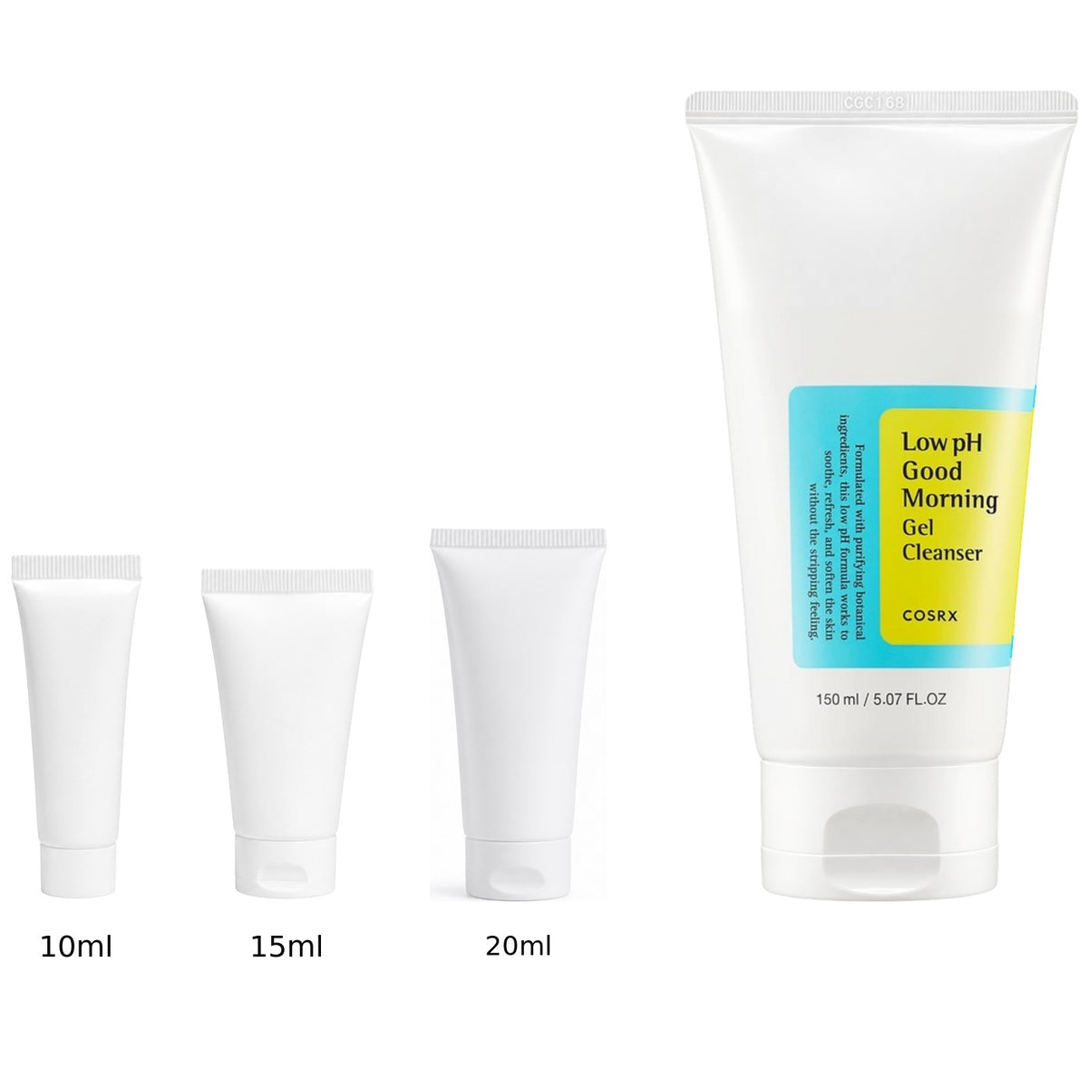 10ml, 15ml and 20ml sample tubes next to the full-size COSRX Low pH Good Morning Gel Cleanser 150ml tube