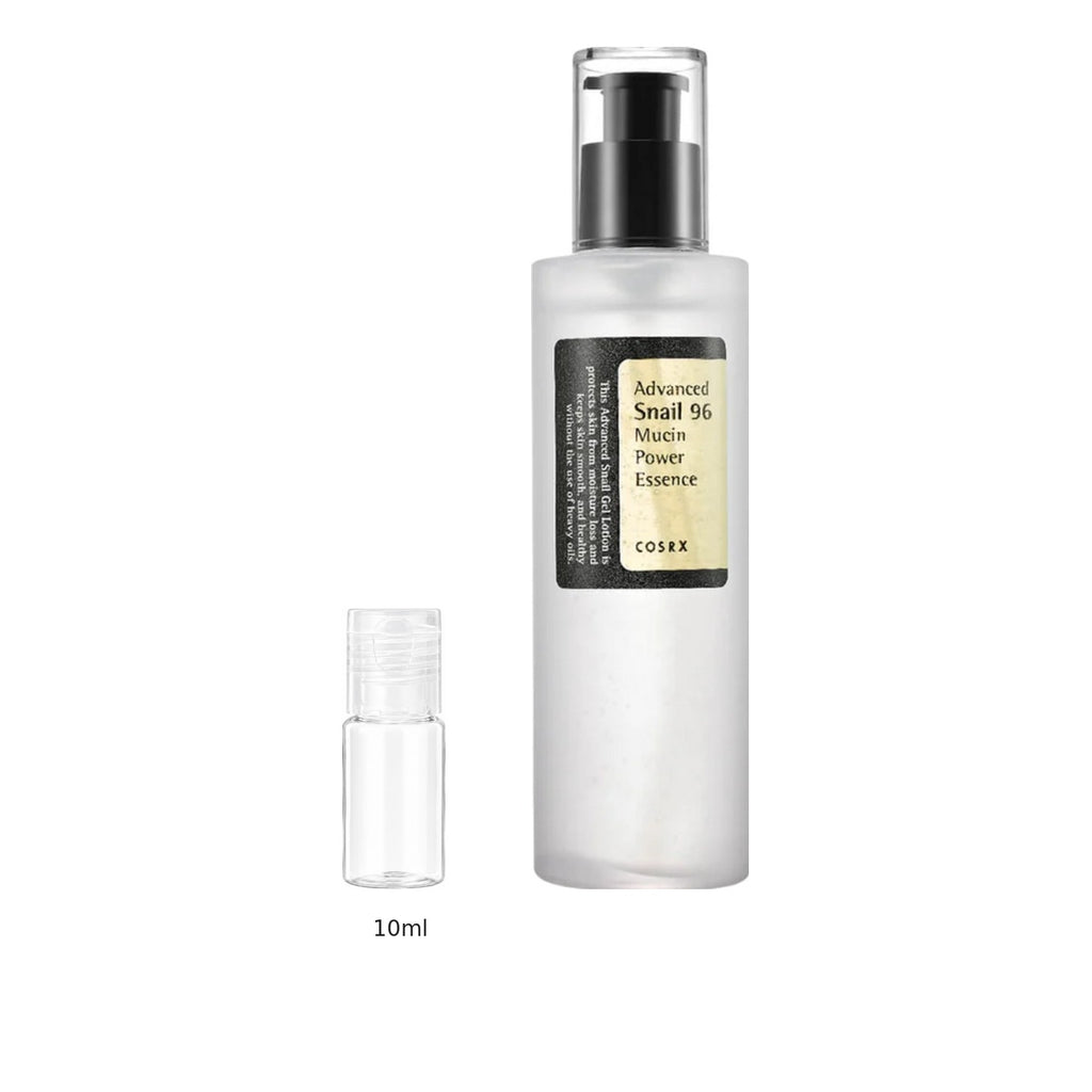 10ml sample bottle next to the full-size COSRX Advanced Snail 96 Mucin Power Essence 100ml bottle
