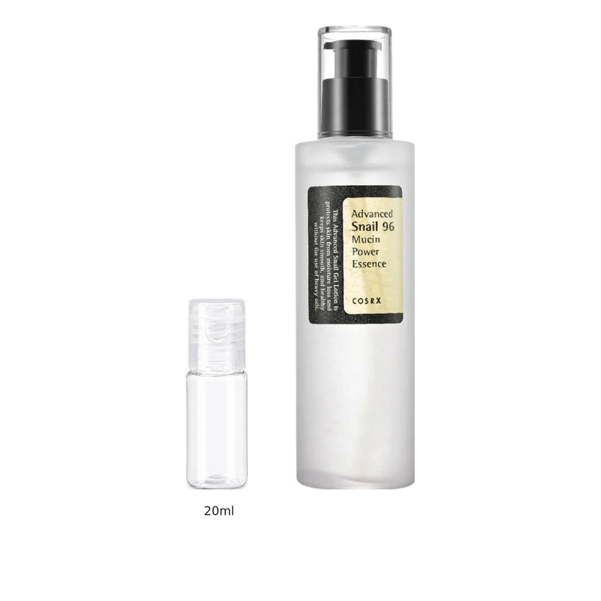20ml sample bottle next to the full-size COSRX Advanced Snail 96 Mucin Power Essence 100ml bottle