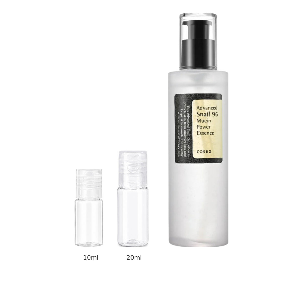 10ml and 20ml sample bottles next to the full-size COSRX Advanced Snail 96 Mucin Power Essence 100ml bottle