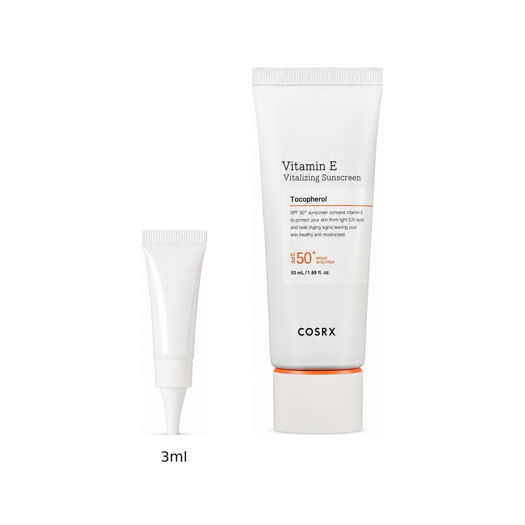 3ml sample tube next to the full-size COSRX Vitamin E Vitalizing Sunscreen 50ml tube