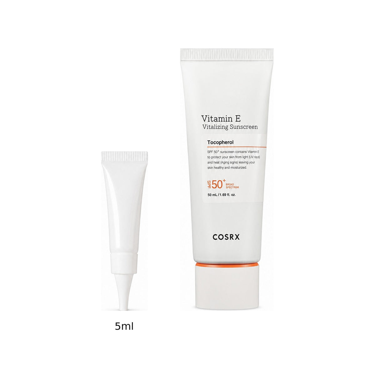 5ml sample tube next to the full-size COSRX Vitamin E Vitalizing Sunscreen 50ml tube