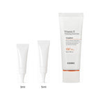 3ml and 5ml sample tubes next to the full-size COSRX Vitamin E Vitalizing Sunscreen 50ml tube