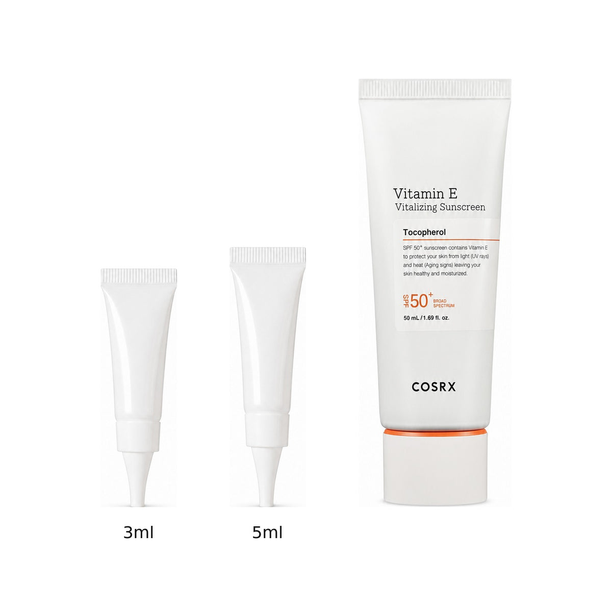 3ml and 5ml sample tubes next to the full-size COSRX Vitamin E Vitalizing Sunscreen 50ml tube