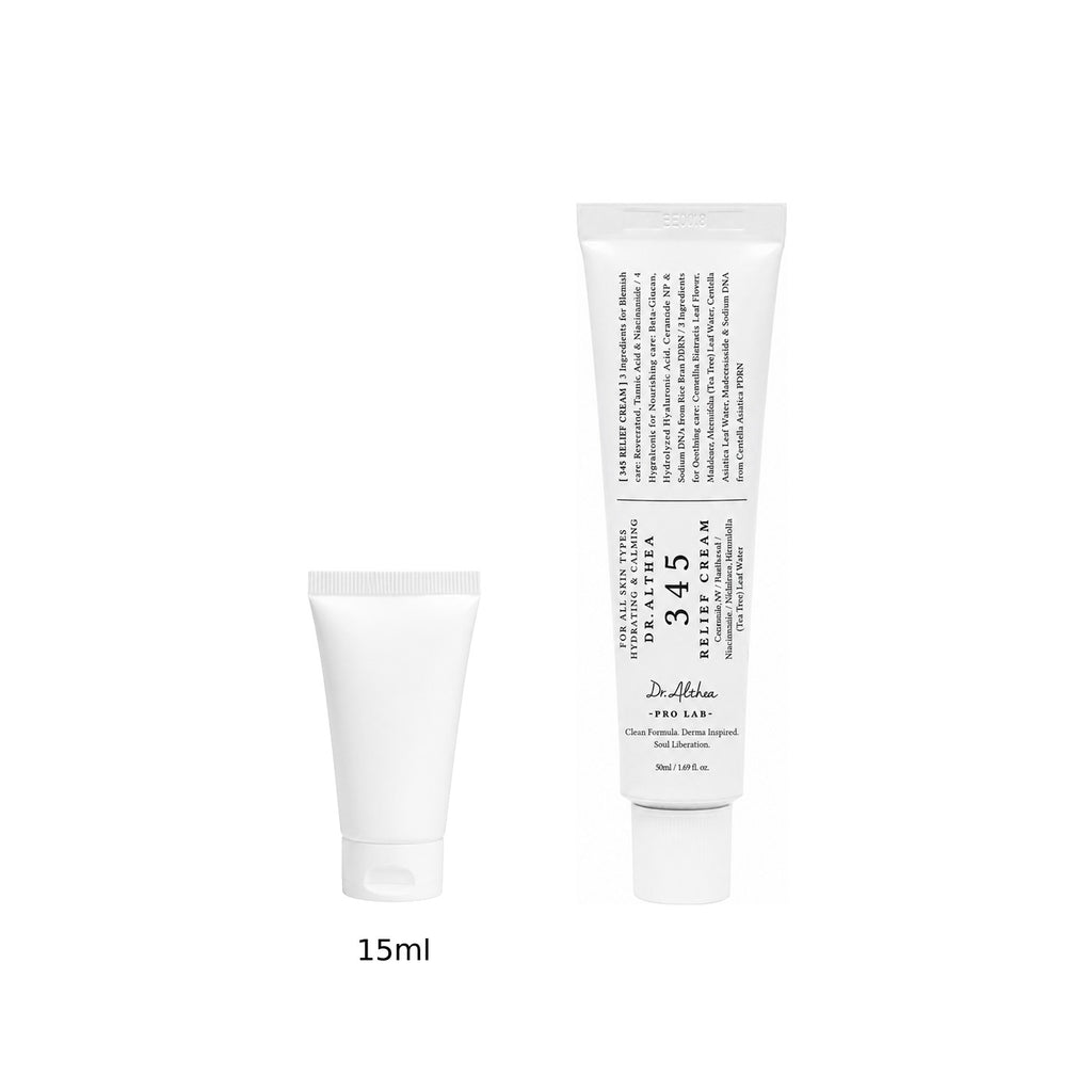 15ml sample tube next to the full-size Dr. Althea 345 Relief Cream 50ml tube