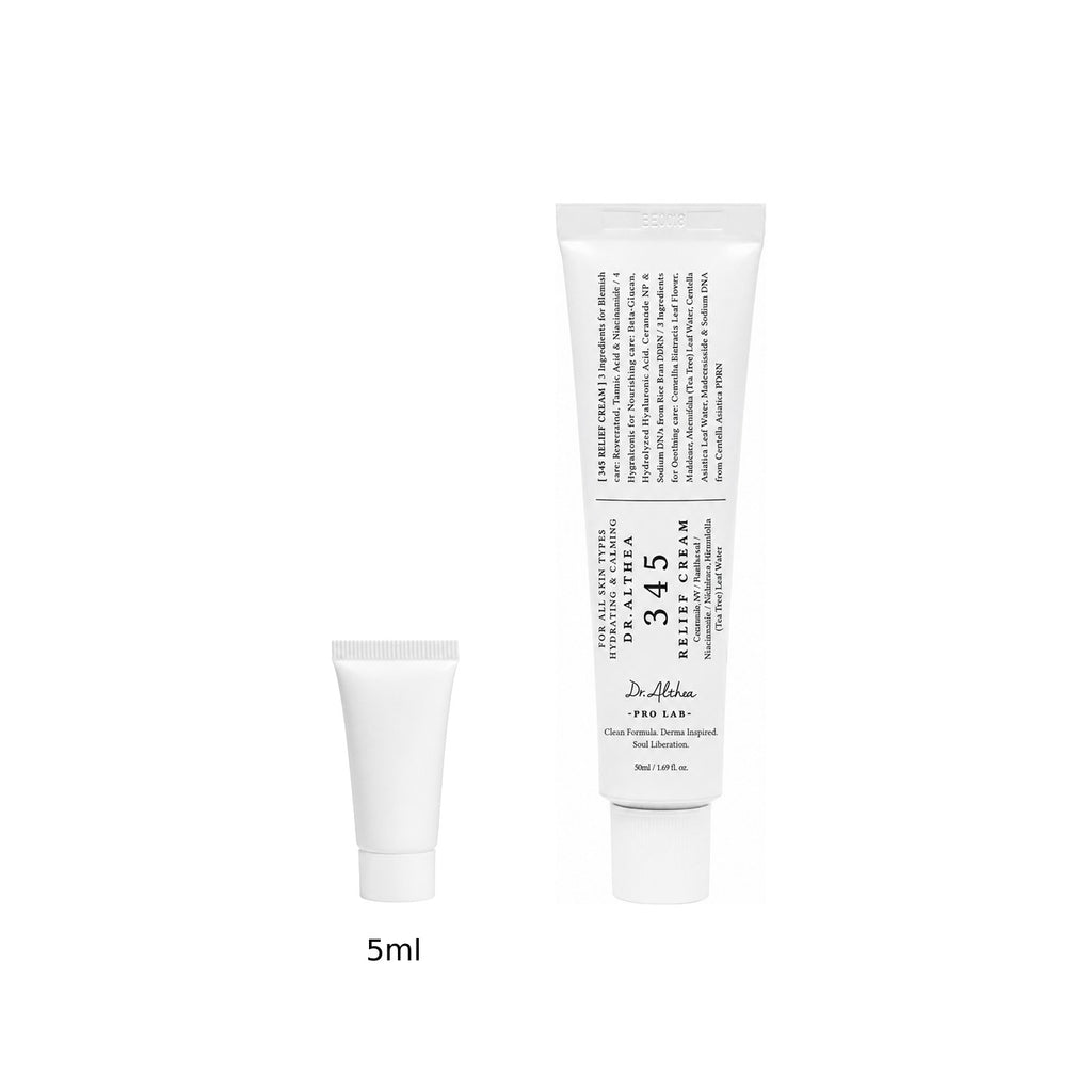 5ml sample tube next to the full-size Dr. Althea 345 Relief Cream 50ml tube