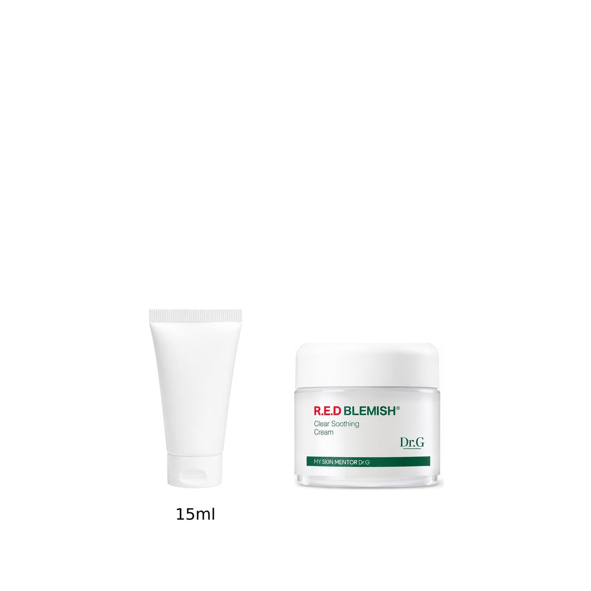 15ml sample tube next to the full-size Dr.G R.E.D Blemish Clear Soothing Cream 70ml jar