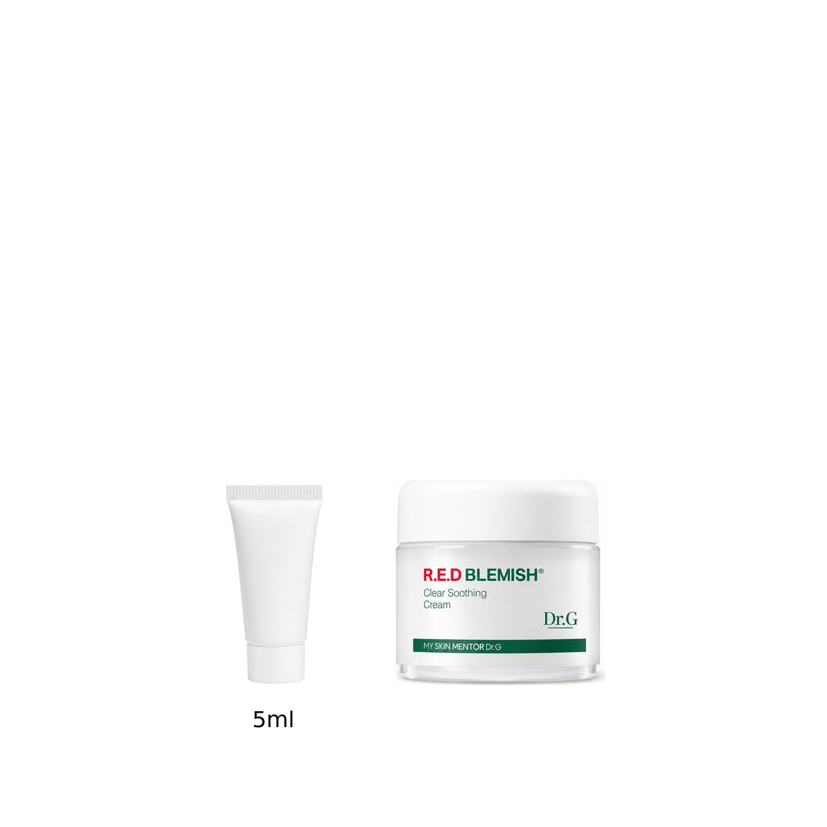5ml sample tube next to the full-size Dr.G R.E.D Blemish Clear Soothing Cream 70ml jar