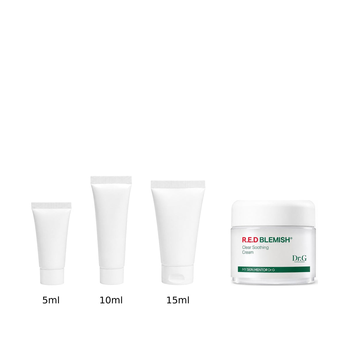 5ml, 10ml and 15ml sample tubes next to the full-size Dr.G R.E.D Blemish Clear Soothing Cream 70ml jar