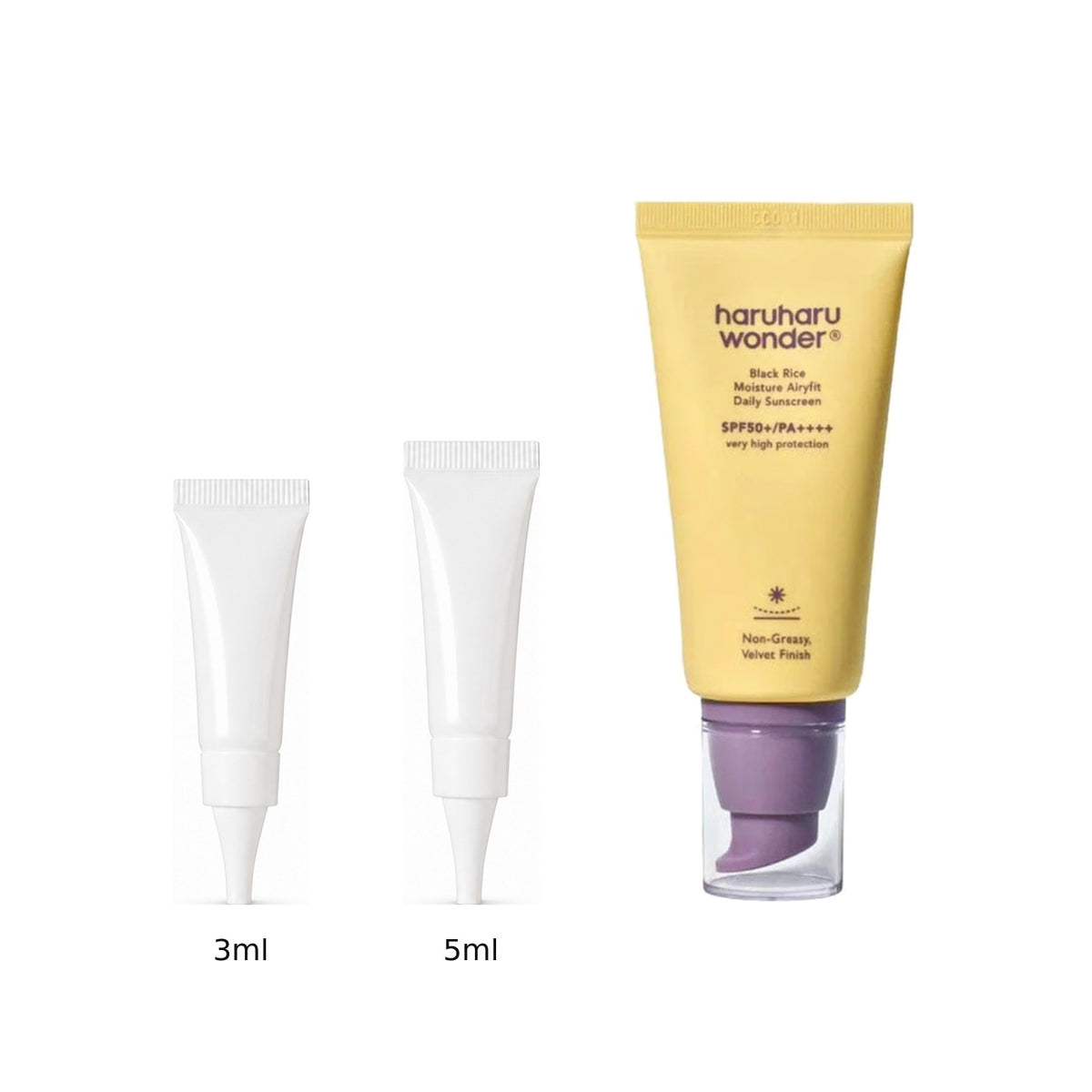 3ml and 5ml sample tubes next to the full-size Haruharu Wonder Black Rice Moisture Airyfit Sunscreen 50ml tube