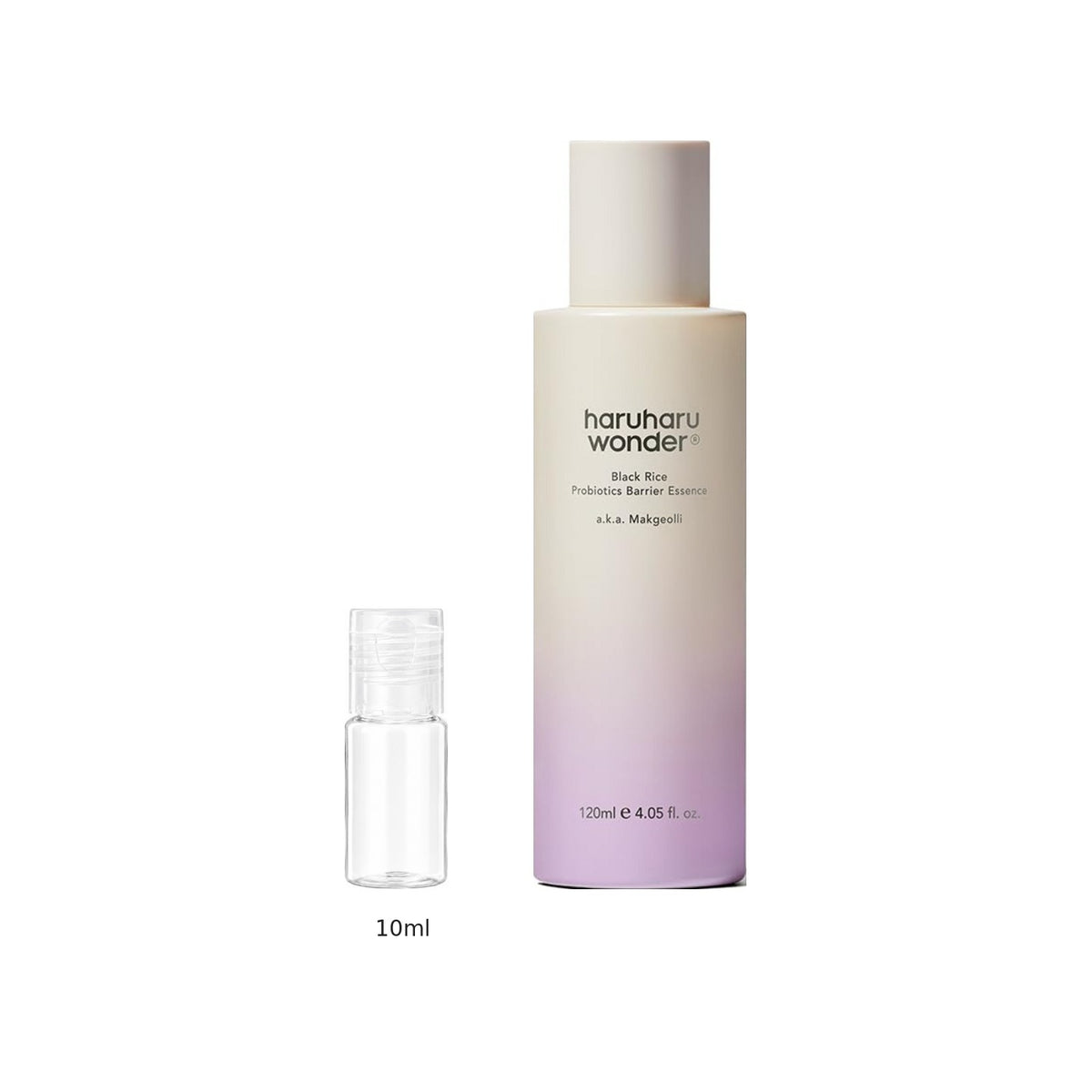 10ml sample bottle next to the full-size Haruharu Wonder Black Rice Probiotics Barrier Essence 120ml bottle