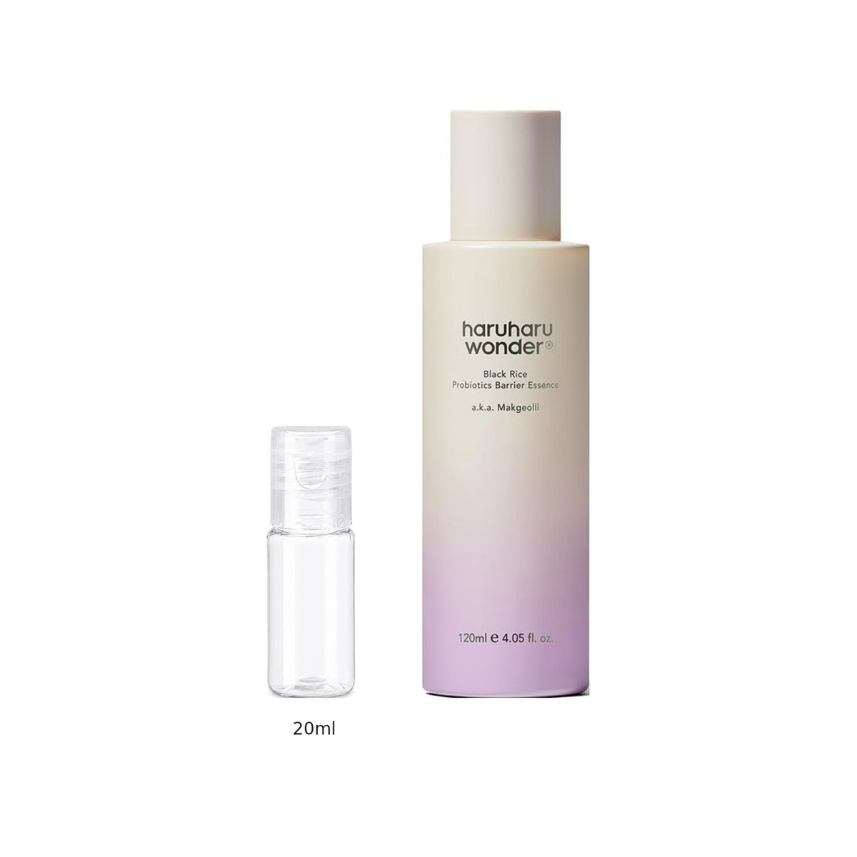 20ml sample bottle next to the full-size Haruharu Wonder Black Rice Probiotics Barrier Essence 120ml bottle