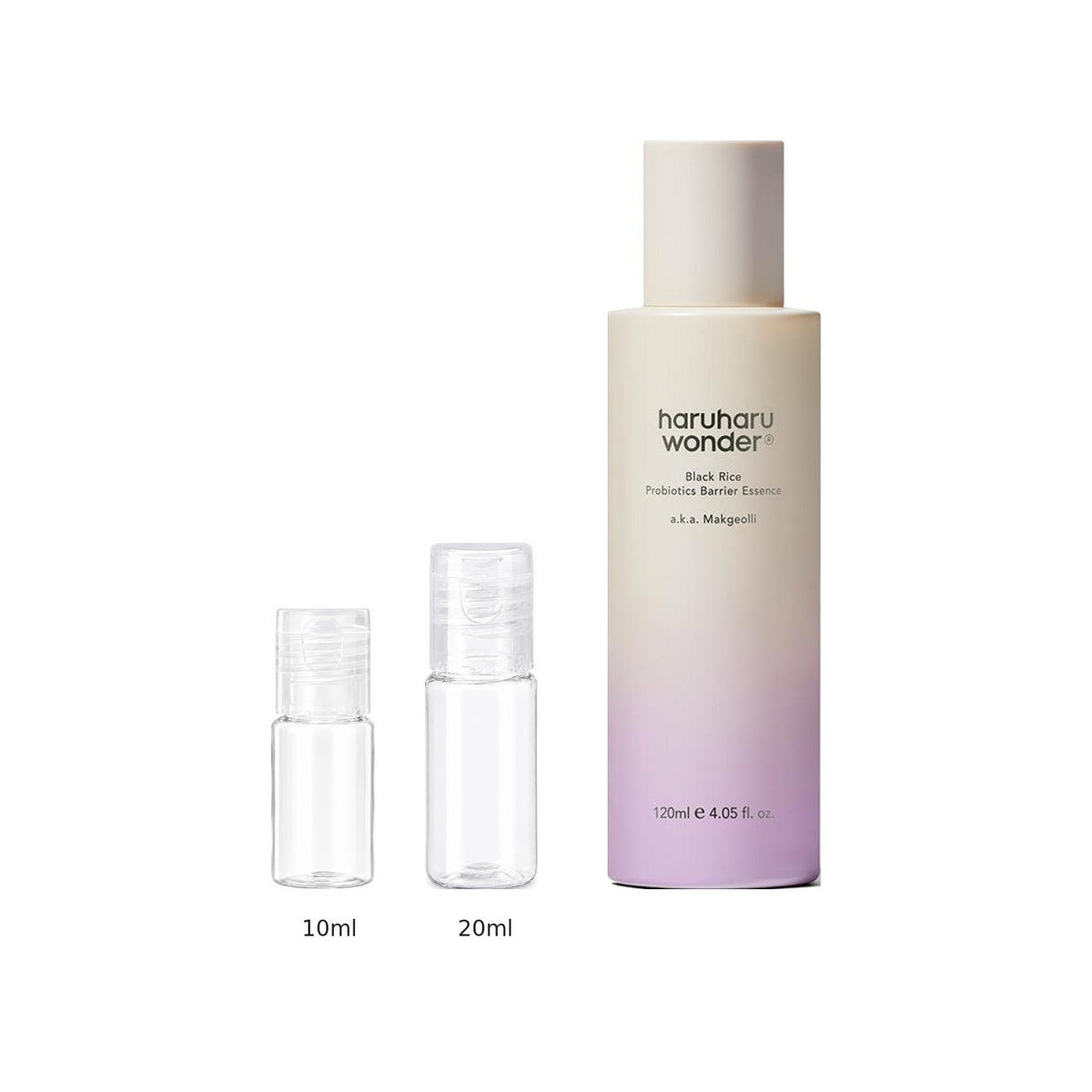 10ml and 20ml sample bottles next to the full-size Haruharu Wonder Black Rice Probiotics Barrier Essence 120ml bottle