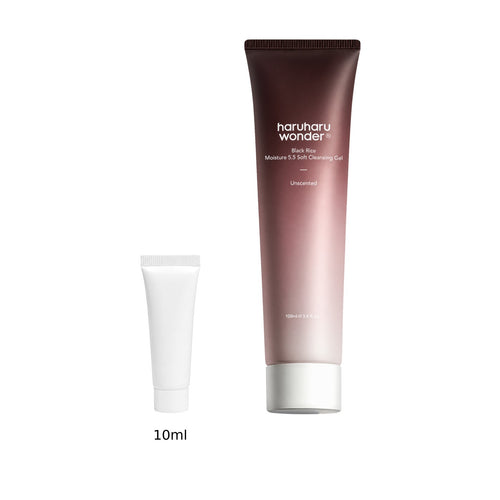 10ml sample tube next to the full-size Haruharu Wonder Black Rice Moisture 5.5 Soft Cleansing Gel 100ml tube