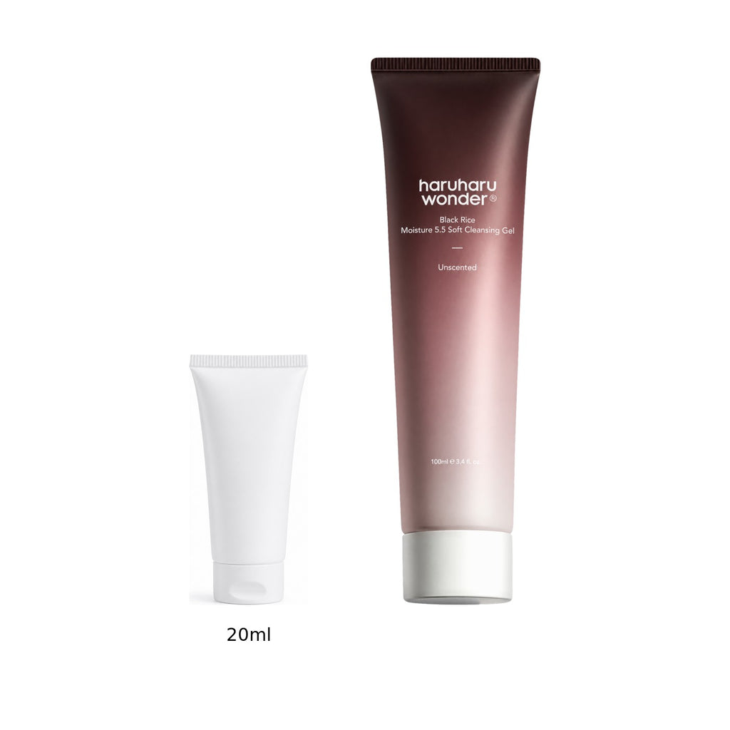 20ml sample tube next to the full-size Haruharu Wonder Black Rice Moisture 5.5 Soft Cleansing Gel 100ml tube