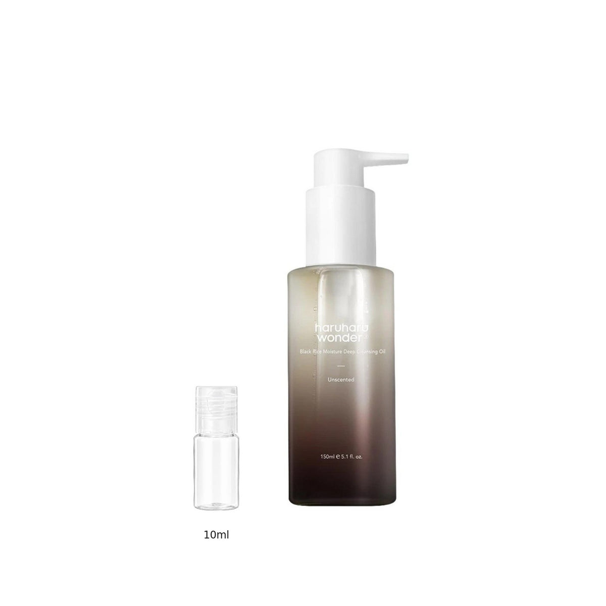 10ml sample bottle next to the full-size Haruharu Wonder Black Rice Moisture Cleansing Oil 150ml bottle