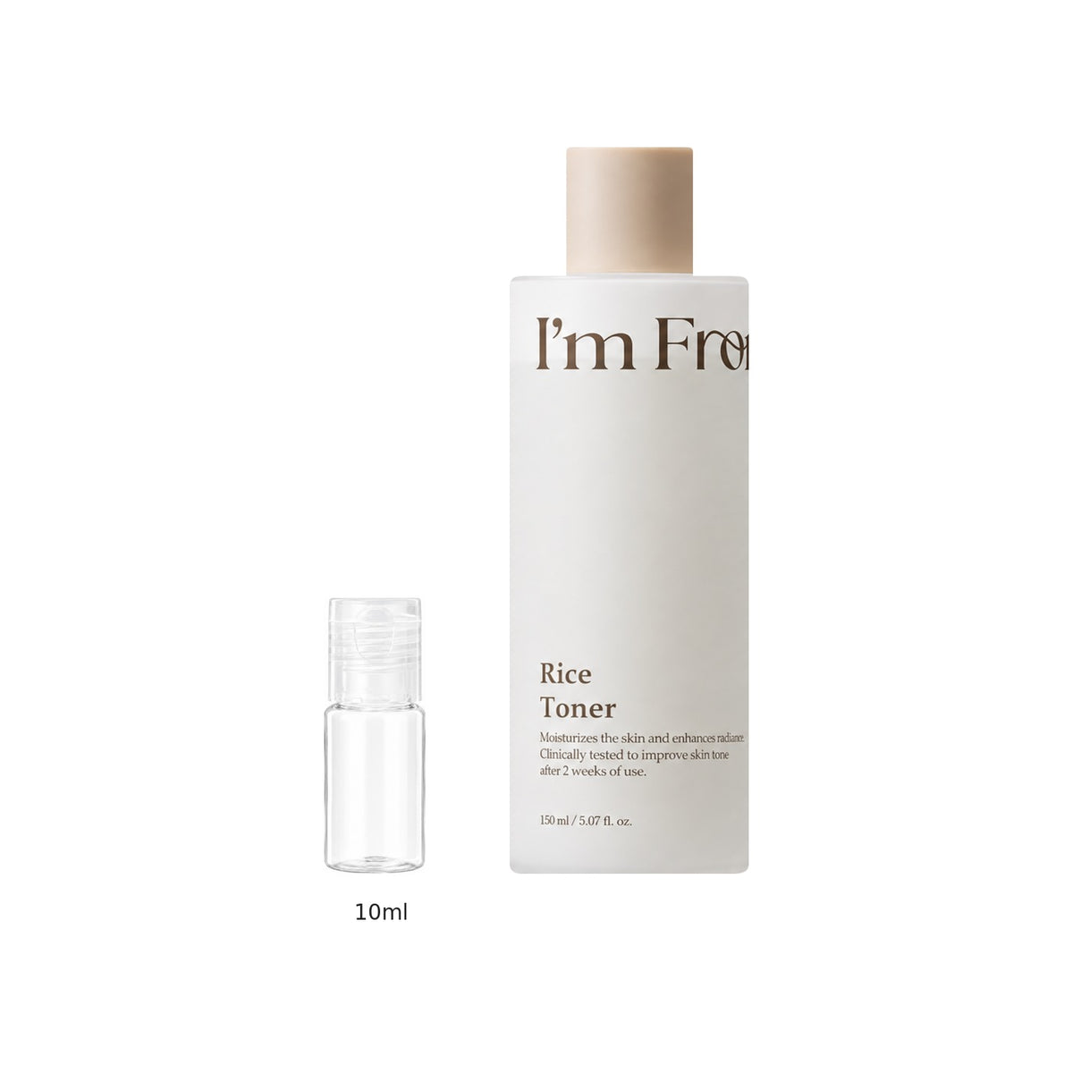 10ml sample bottle next to the full-size I'm from Rice Toner 150ml bottle