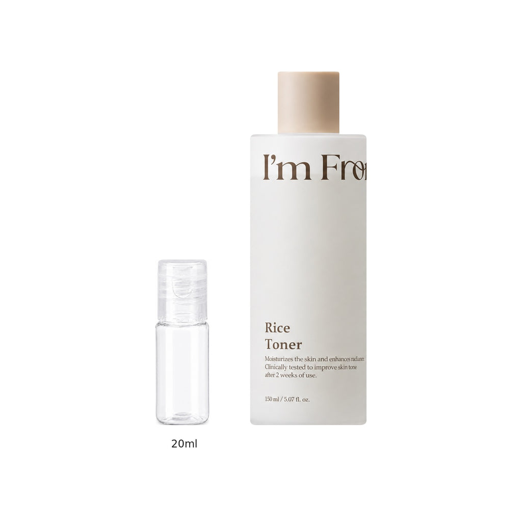 20ml sample bottle next to the full-size I'm from Rice Toner 150ml bottle
