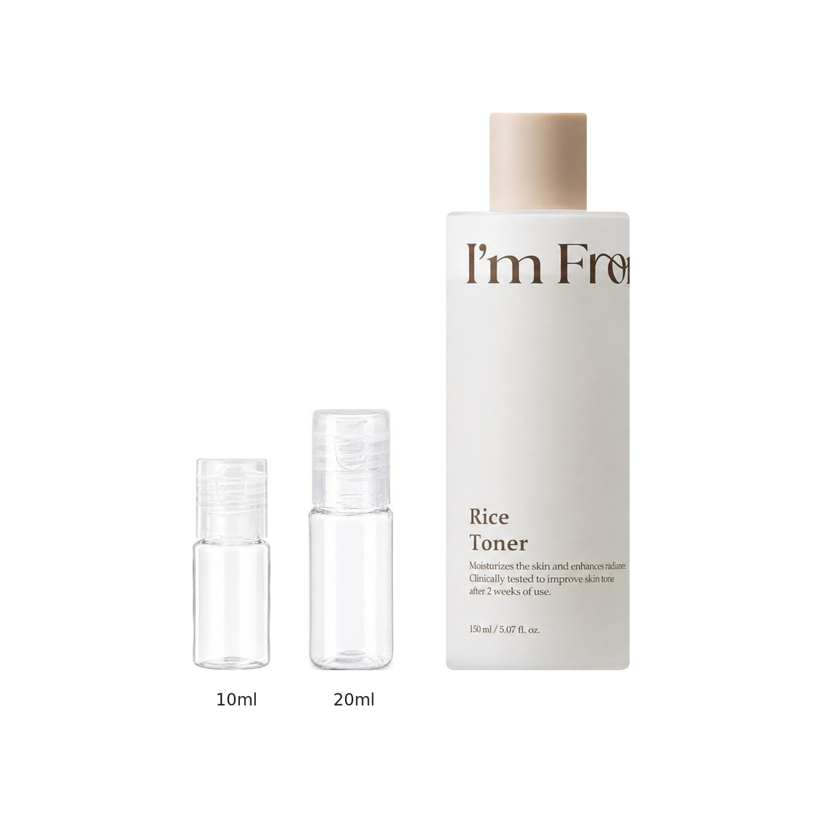 10ml and 20ml sample bottles next to the full-size I'm from Rice Toner 150ml bottle