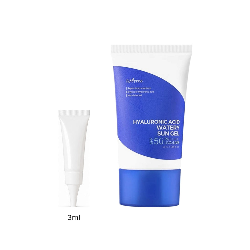 3ml sample tube next to the full-size Isntree Hyaluronic Acid Watery Sun Gel 50ml tube
