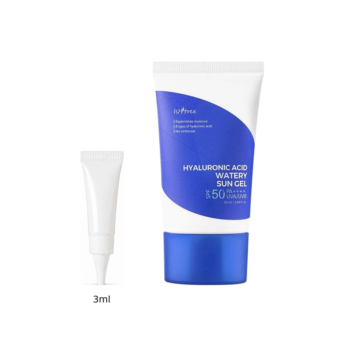 3ml sample tube next to the full-size Isntree Hyaluronic Acid Watery Sun Gel 50ml tube
