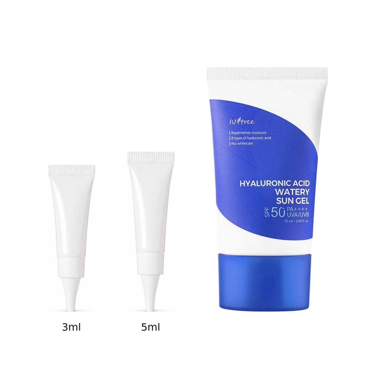 3ml and 5ml sample tubes next to the full-size Isntree Hyaluronic Acid Watery Sun Gel 50ml tube