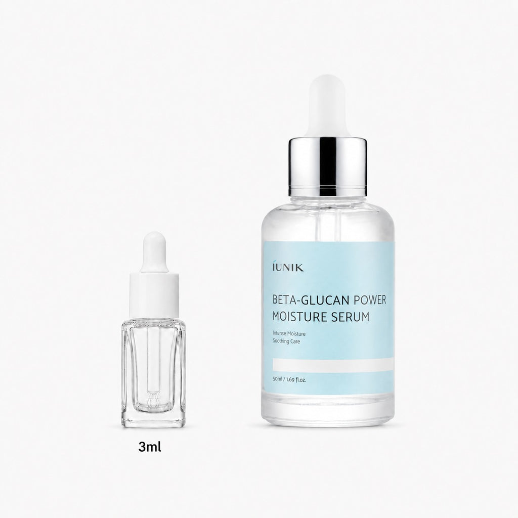 3ml sample dropper next to the full-size iUNIK Beta-Glucan Power Moisture Serum 50ml bottle