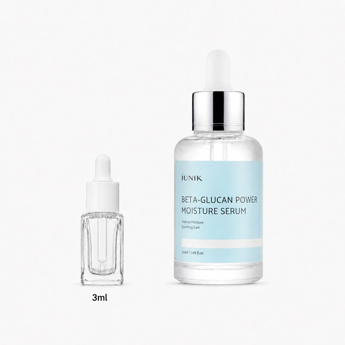 3ml sample dropper next to the full-size iUNIK Beta-Glucan Power Moisture Serum 50ml bottle