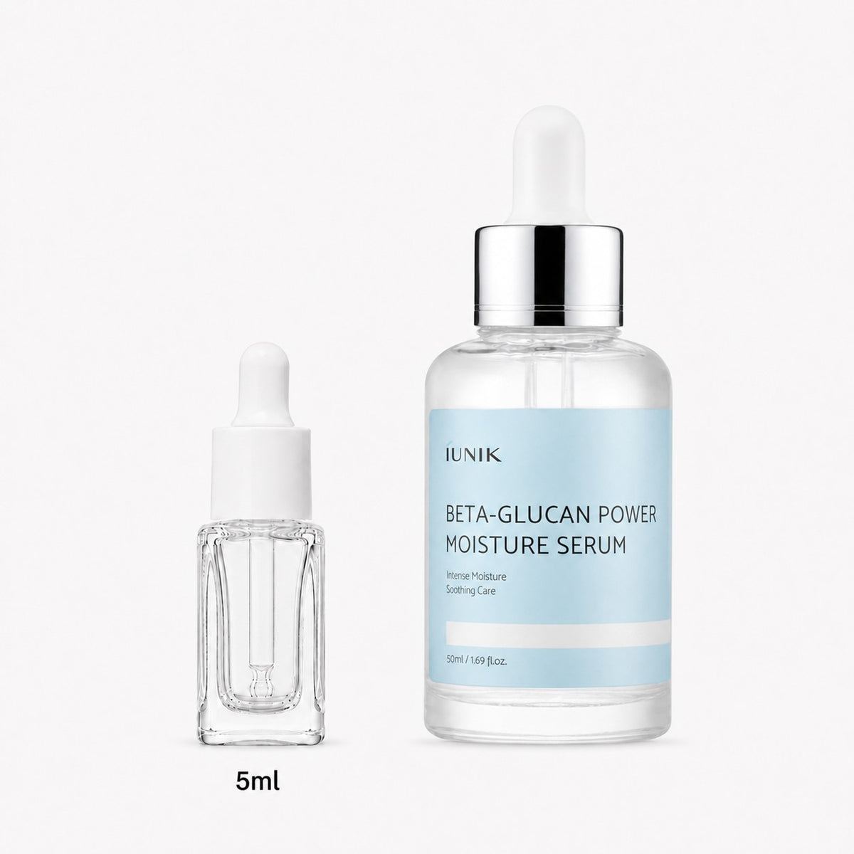 5ml sample dropper next to the full-size iUNIK Beta-Glucan Power Moisture Serum 50ml bottle