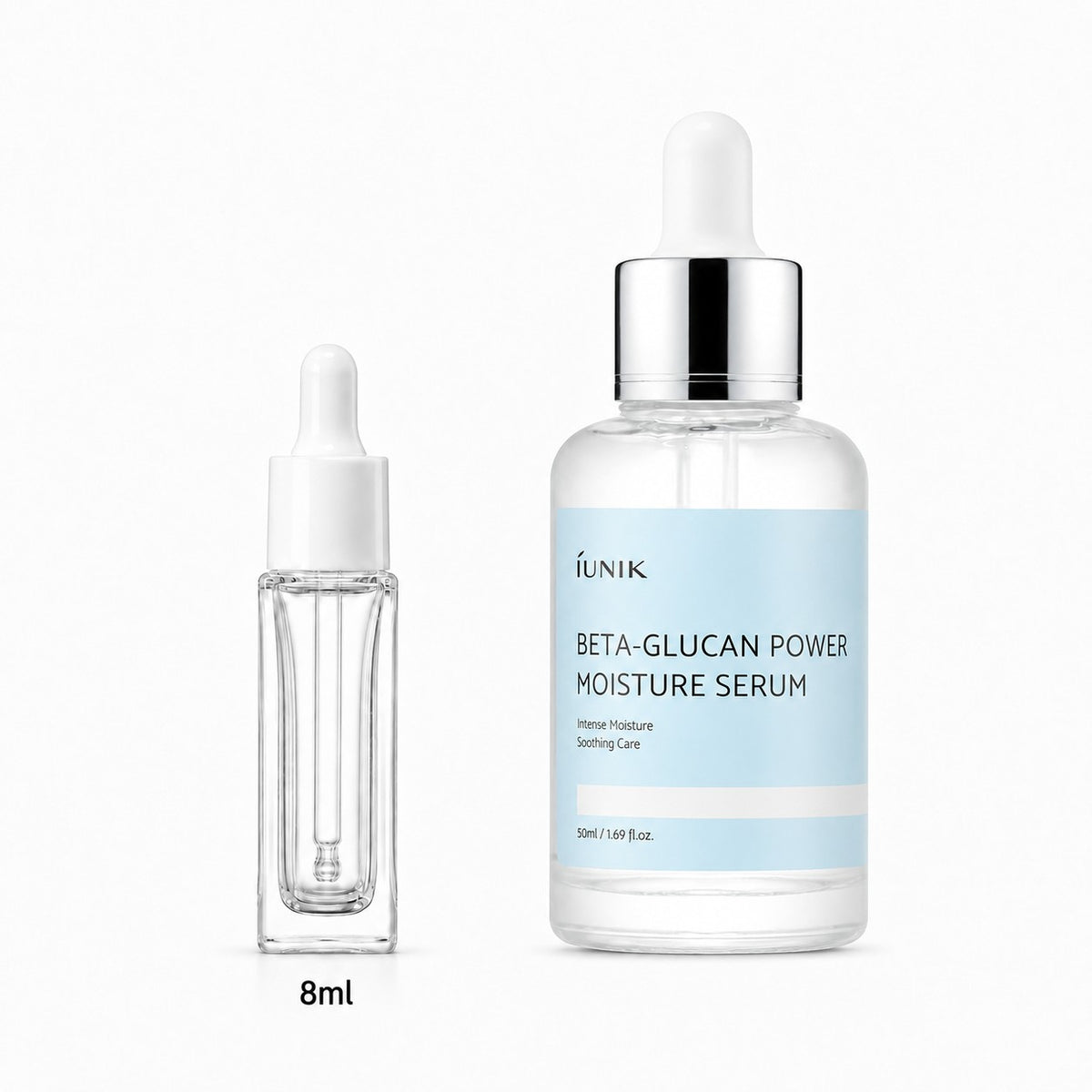8ml sample dropper next to the full-size iUNIK Beta-Glucan Power Moisture Serum 50ml bottle