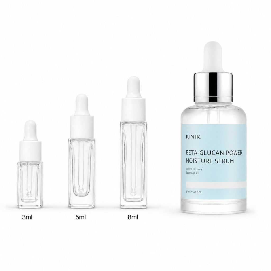 3ml, 5ml and 8ml sample droppers next to the full-size iUNIK Beta-Glucan Power Moisture Serum 50ml bottle