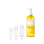 10ml, 20ml and 30ml sample bottles next to the full-size Manyo Pure Cleansing Oil 200ml bottle