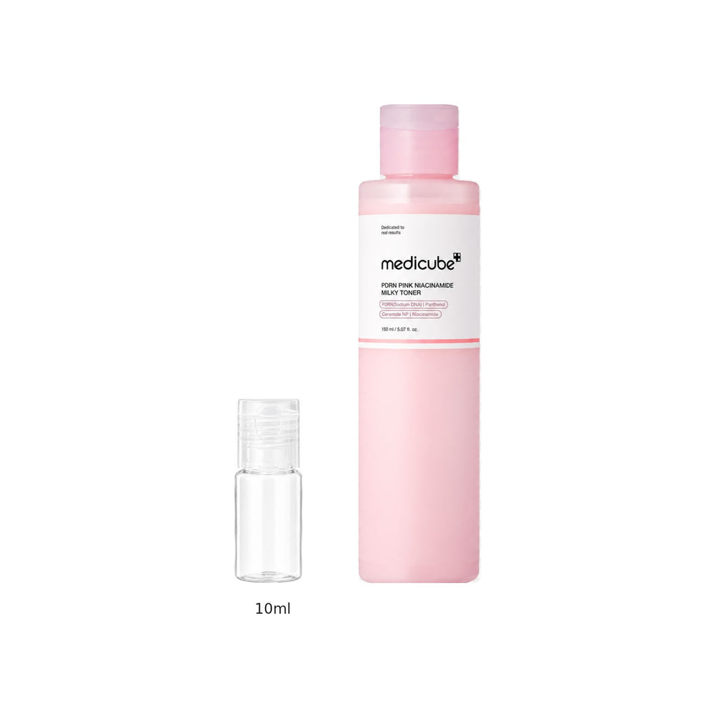 10ml sample bottle next to the full-size medicube PDRN Pink Niacinamide Milky Toner 150ml bottle