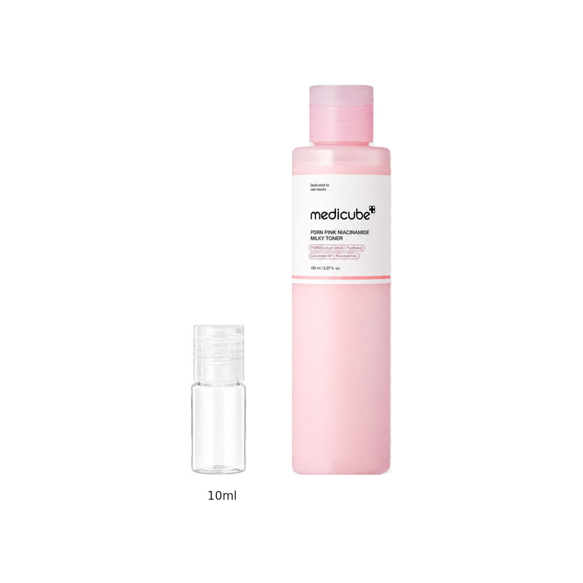 10ml sample bottle next to the full-size medicube PDRN Pink Niacinamide Milky Toner 150ml bottle
