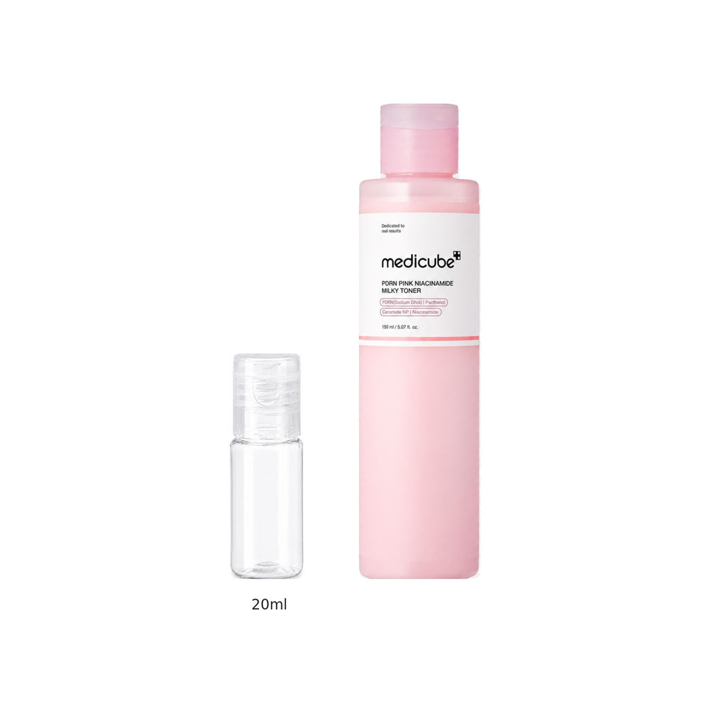 20ml sample bottle next to the full-size medicube PDRN Pink Niacinamide Milky Toner 150ml bottle