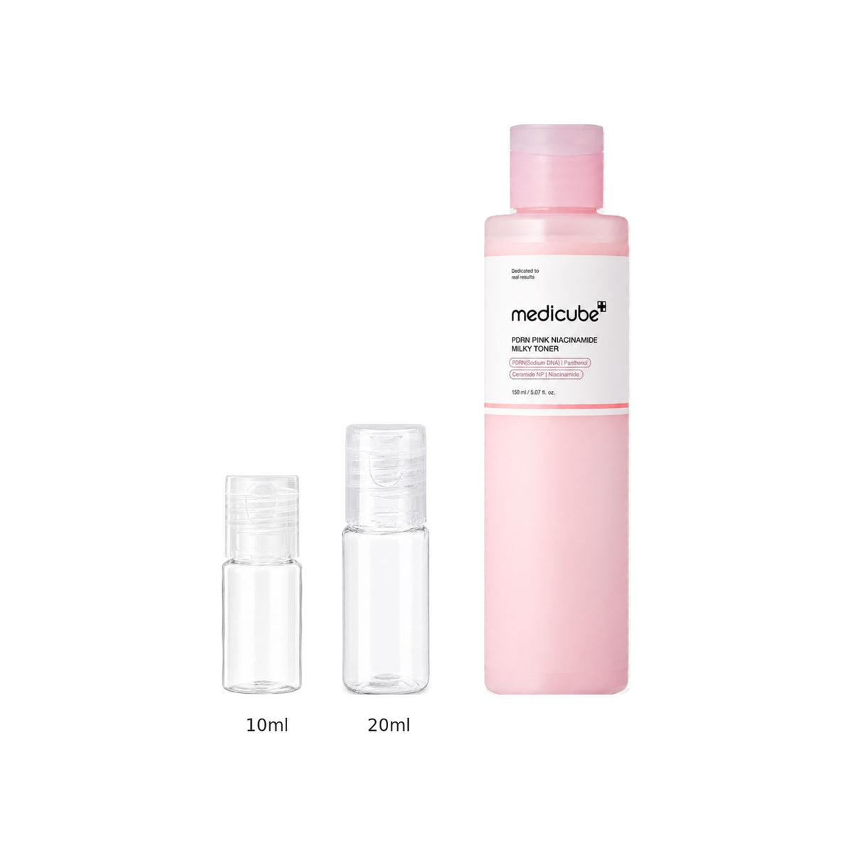 10ml and 20ml sample bottles next to the full-size medicube PDRN Pink Niacinamide Milky Toner 150ml bottle