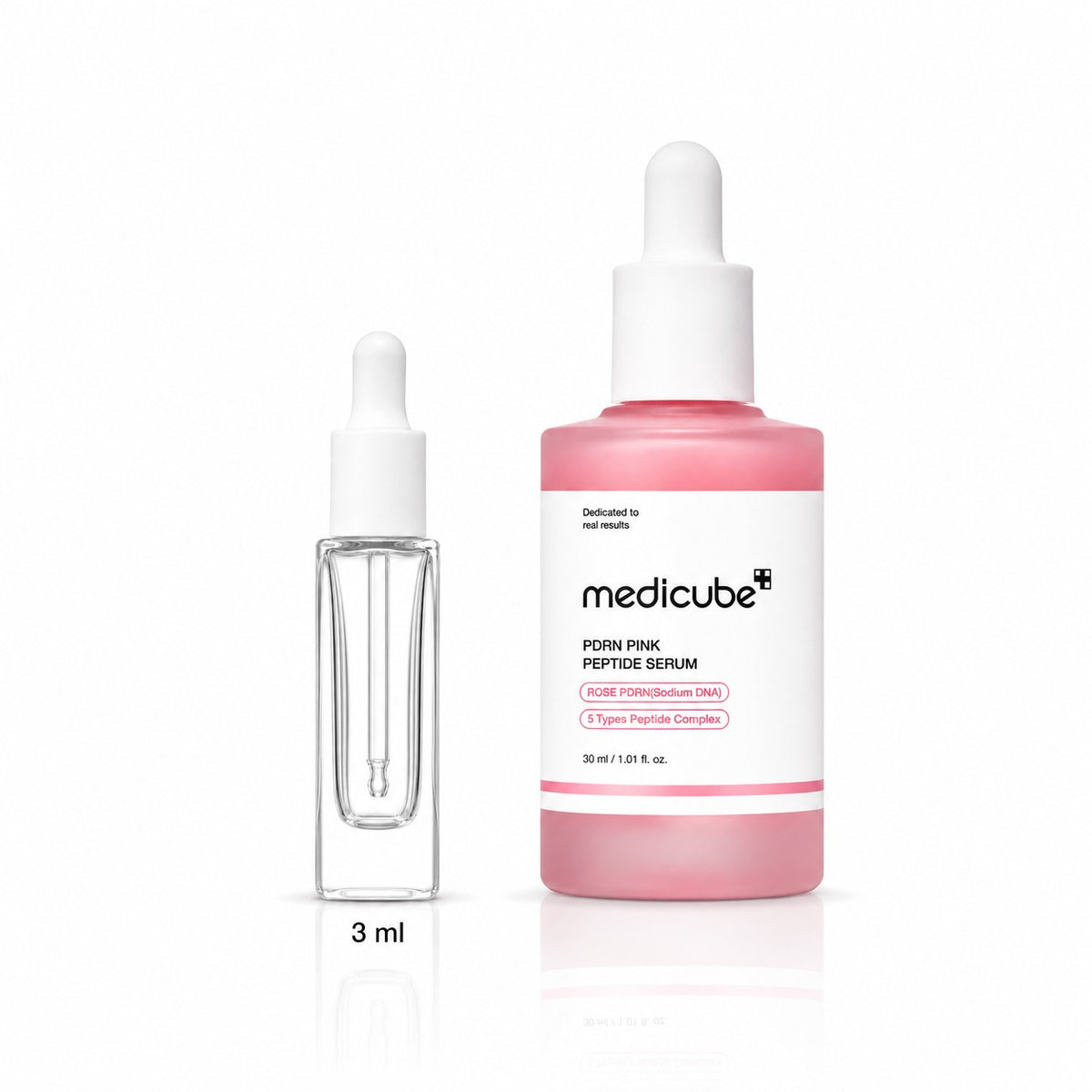 3ml sample dropper next to the full-size medicube PDRN Pink Peptide Serum 30ml bottle
