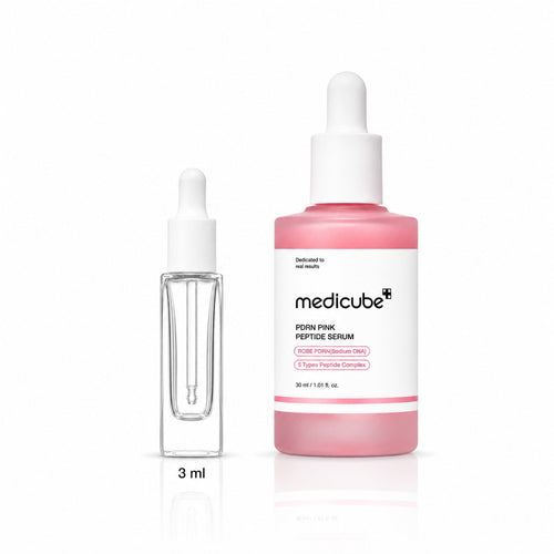 3ml sample dropper next to the full-size medicube PDRN Pink Peptide Serum 30ml bottle