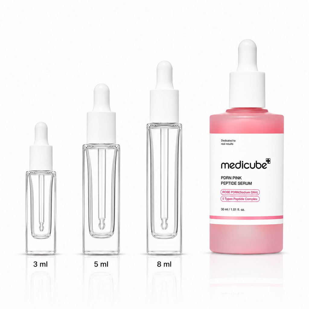 3ml, 5ml and 8ml sample droppers next to the full-size medicube PDRN Pink Peptide Serum 30ml bottle