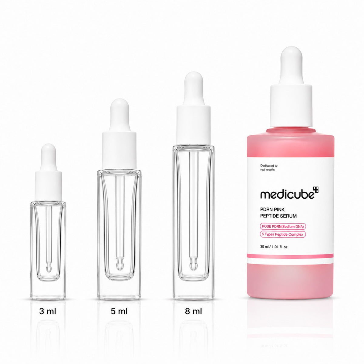 3ml, 5ml and 8ml sample droppers next to the full-size medicube PDRN Pink Peptide Serum 30ml bottle